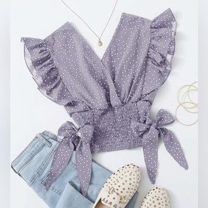 NWOT Dusty Lilac Purple Ruffle Smocked Shirred Hem Polka Dot Bow Blouse Top 🎀